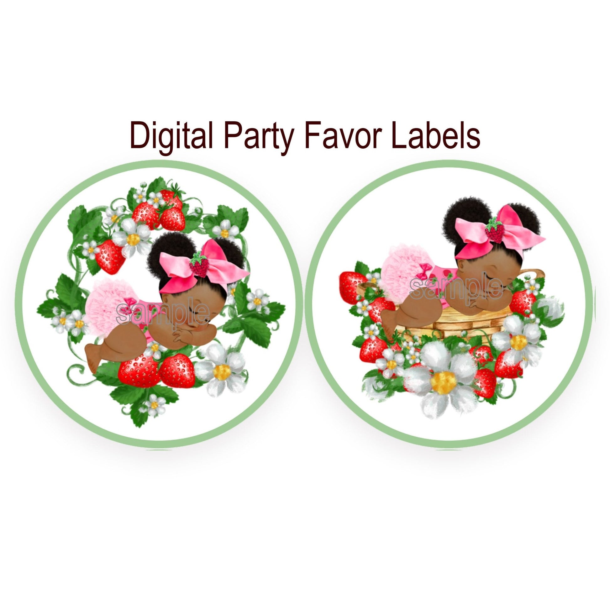 Digital Strawberry Sleeping Girl Party Favor Labels Stickers African American Baby Shower -digital-personalized labels