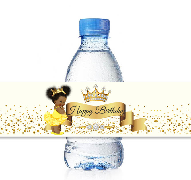 Yellow Princess Water Bottle Labels African American Baby Shower Birthday
