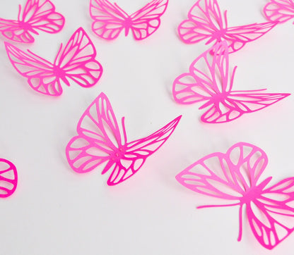 Fuchsia pink paper butterfly wall decals set of 16 on white background