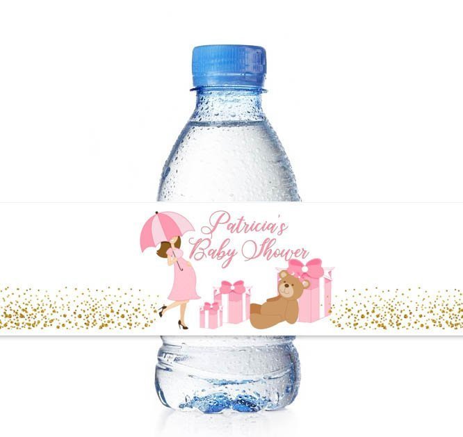 Girl Baby Shower Water Bottle Labels Wraps Pink Gold -baby shower party favor labels-personalized labels