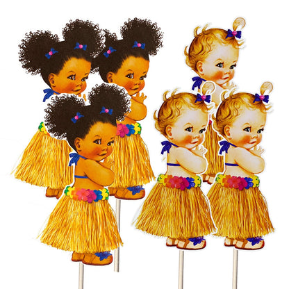 Hawaiian Girl Cake Toppers DIY African American White Luau Hula Birthday Decor --