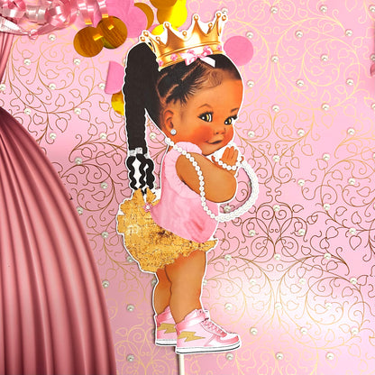 Princess Ballerina Braids Centerpieces Pink Gold Sneakers Ruffle Pants African American Baby Shower