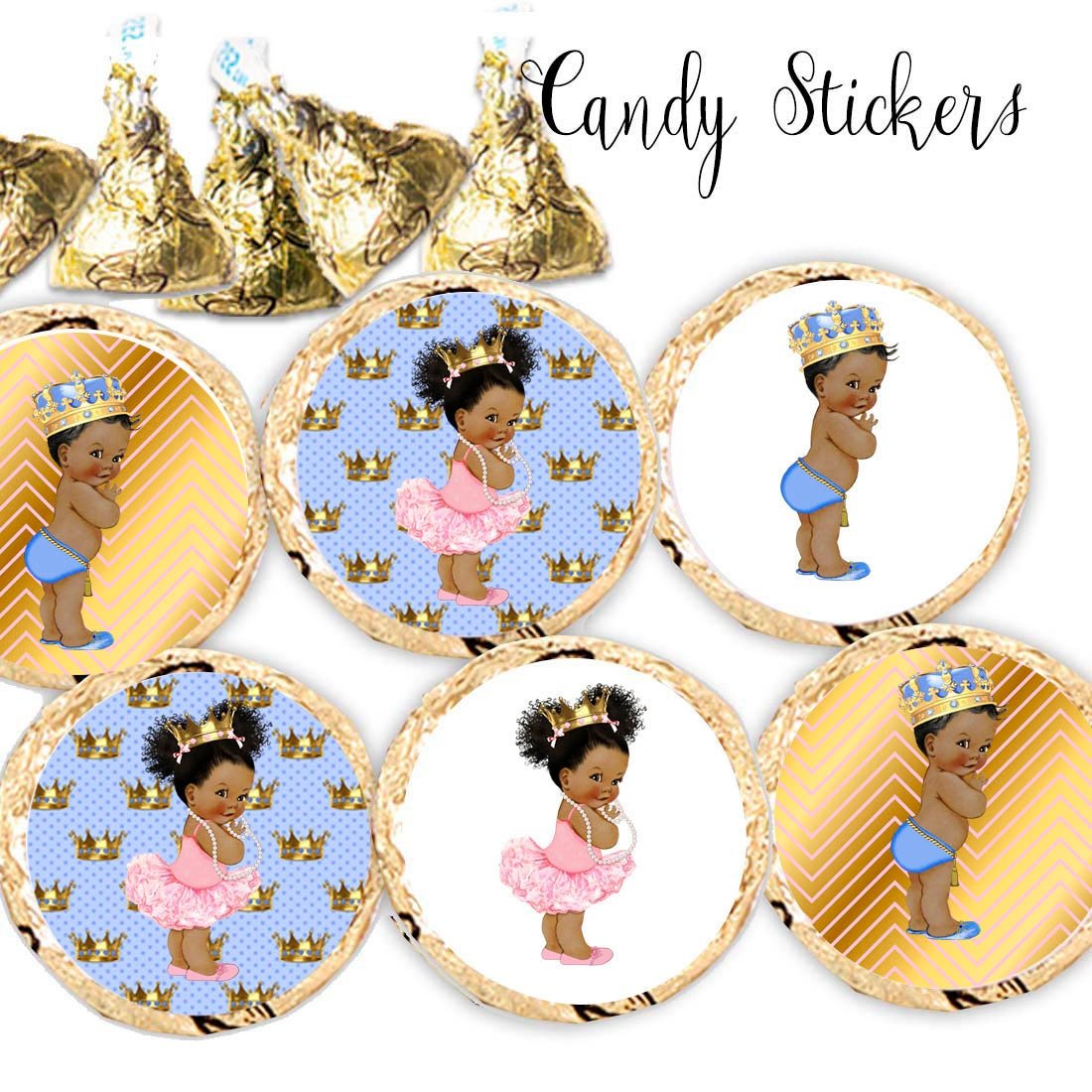 Royal Prince and Princess Stickers Hershey® Kisses, African American Princess Birthday Party --