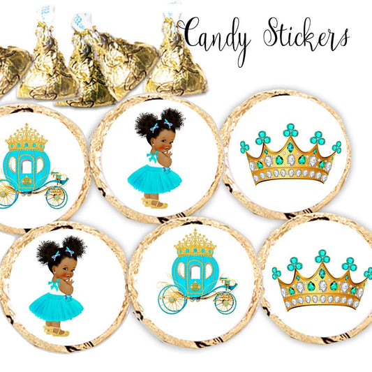 Teal Princess Stickers Hershey® Kisses, African American Princess Birthday Party, Princess Chocolate Labels --
