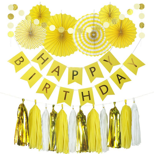 Yellow Birthday Party Decoration Banner Paper Fan Tassel Bees Birthday Kit -balloons-bee