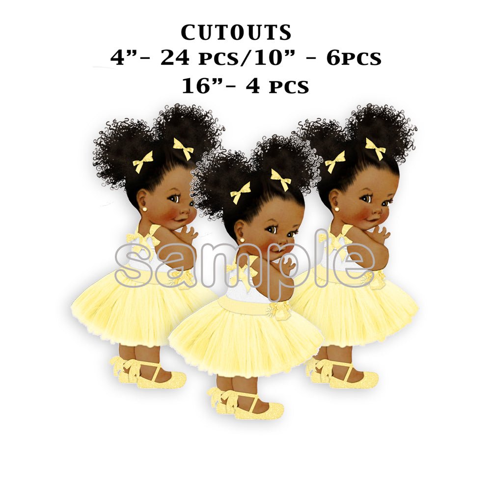 Yellow Tulle Dress Princess Cutouts Baby Shower Birthday Decor African American Girl with Ribbon Shoe --